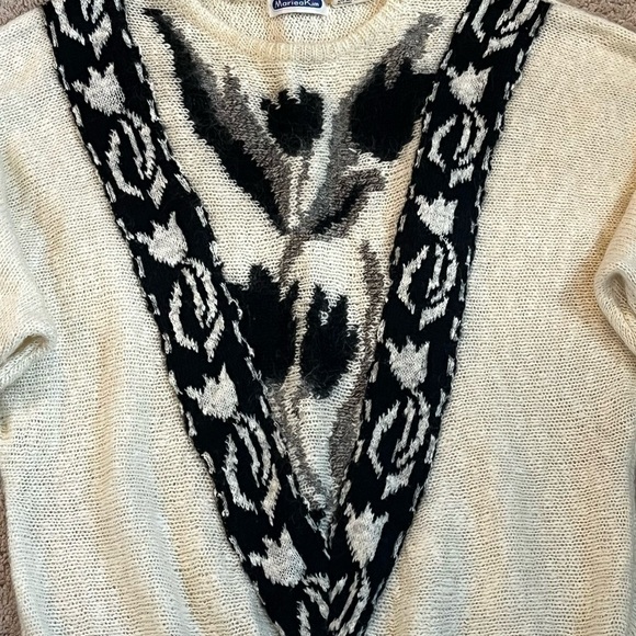 Vintage 80s Mariea Kim Mohair Sweater V Panel Tulips Pullover Ivory Black Medium - Picture 3 of 10